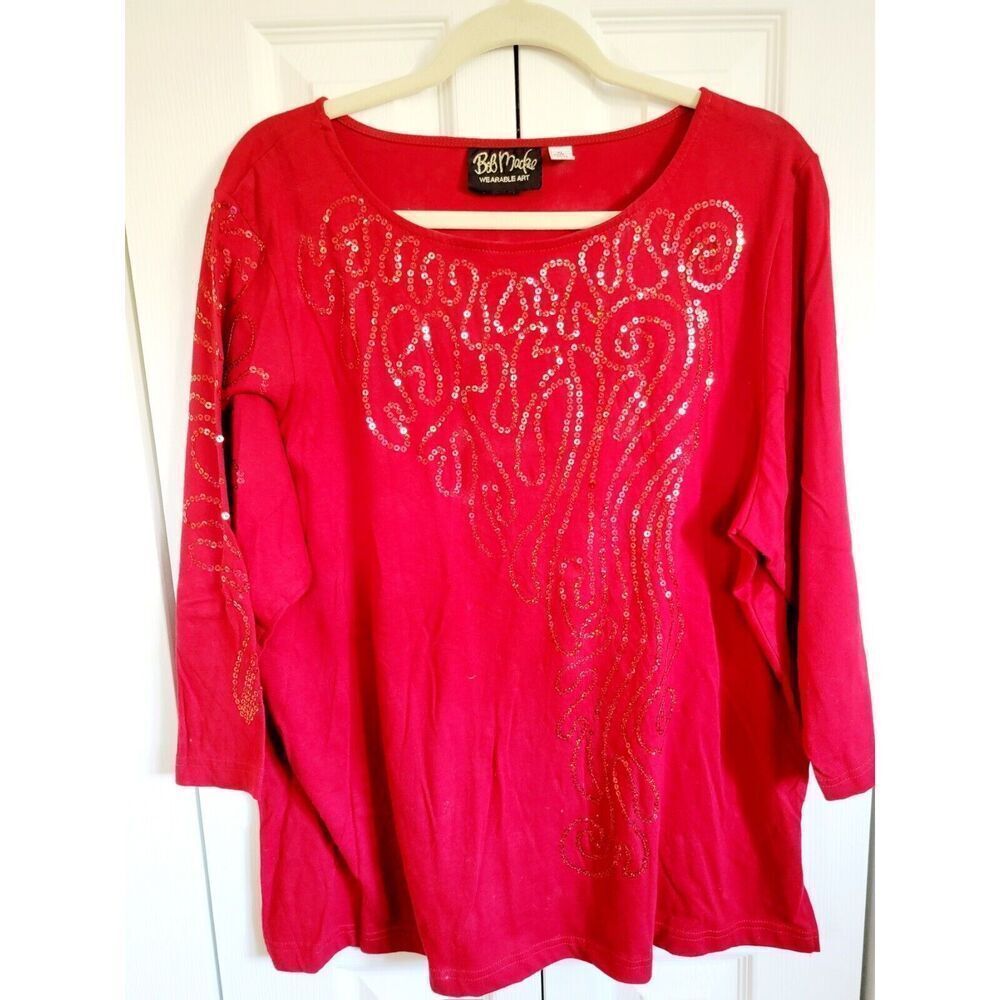Bob Mackie Wearable Art Blouse XL Beaded Top Stretch Red 3/ Slv Round Nck Cotton